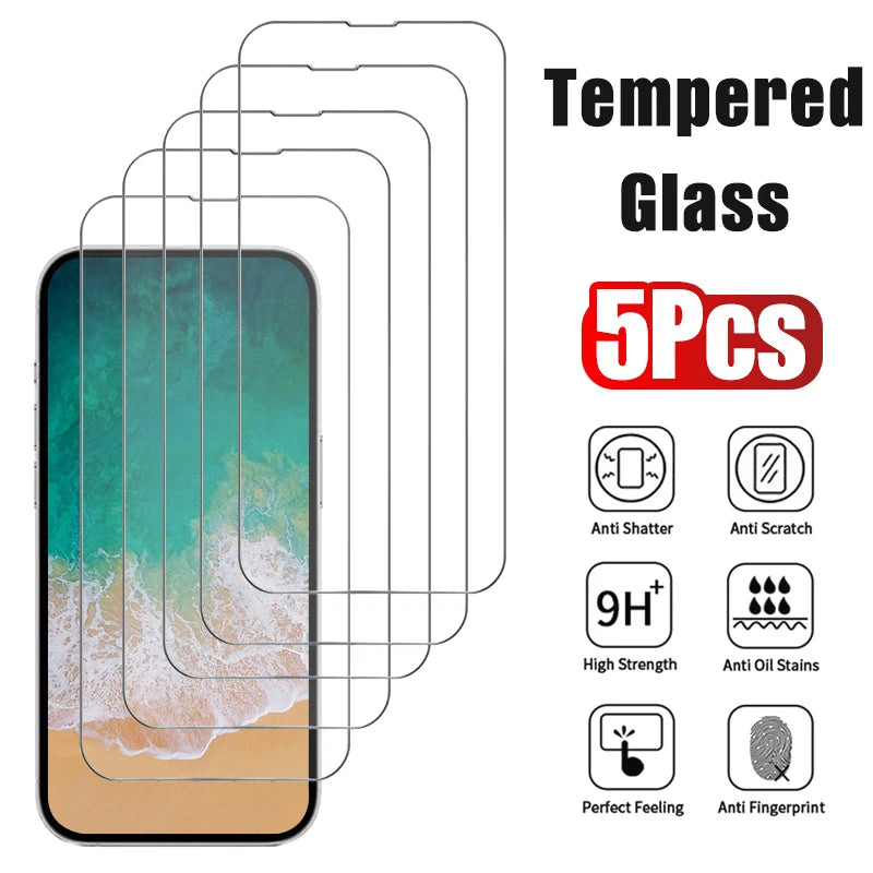 5pcs Tempered Glass for iPhone 17 16 15 14 13 12 Pro Max