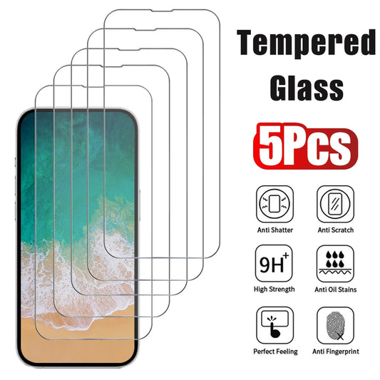 5pcs Tempered Glass for iPhone 17 16 15 14 13 12 Pro Max